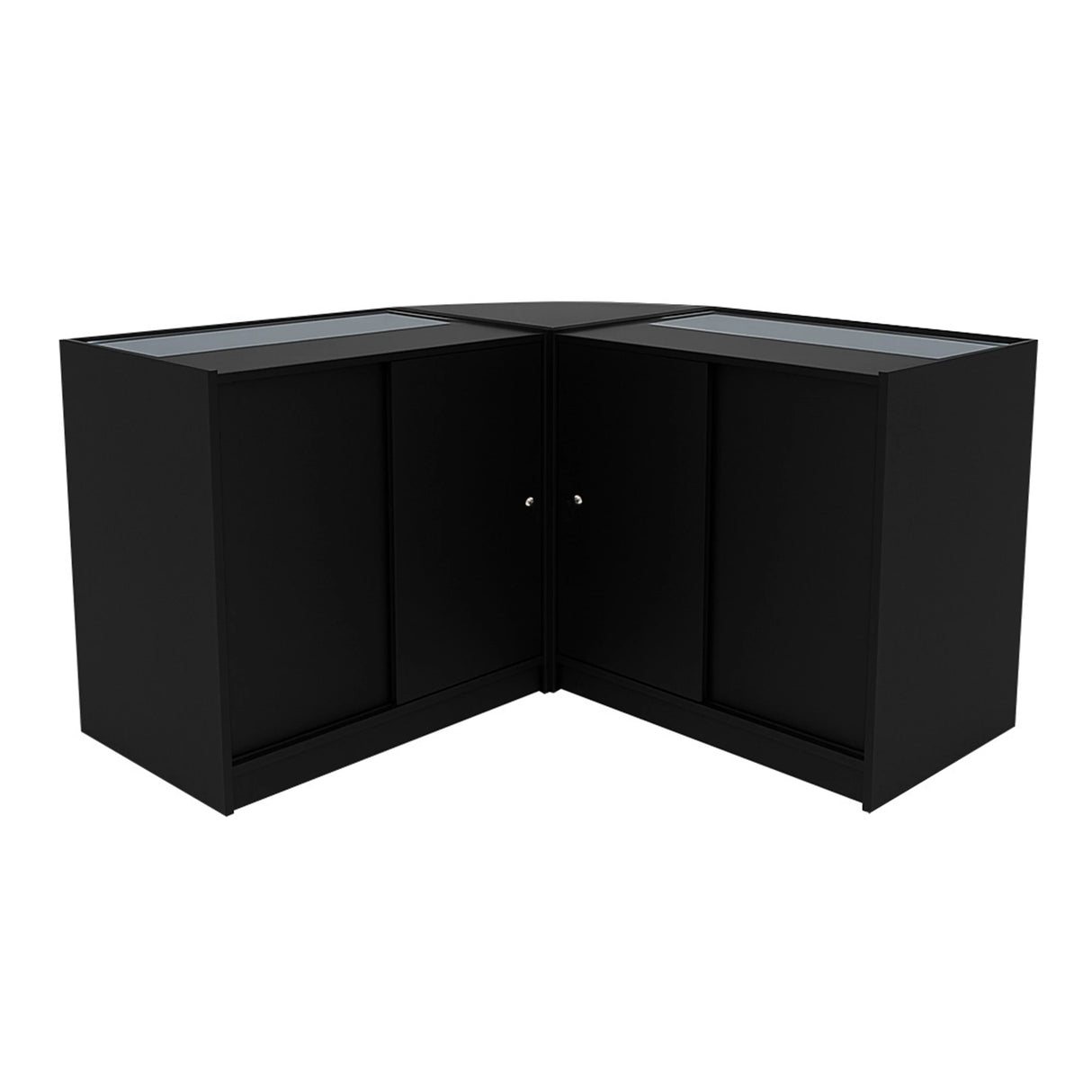 Black Andromeda LED shop counter set featuring two C900 display cabinets with glass tops and sleek, modern design for retail spaces