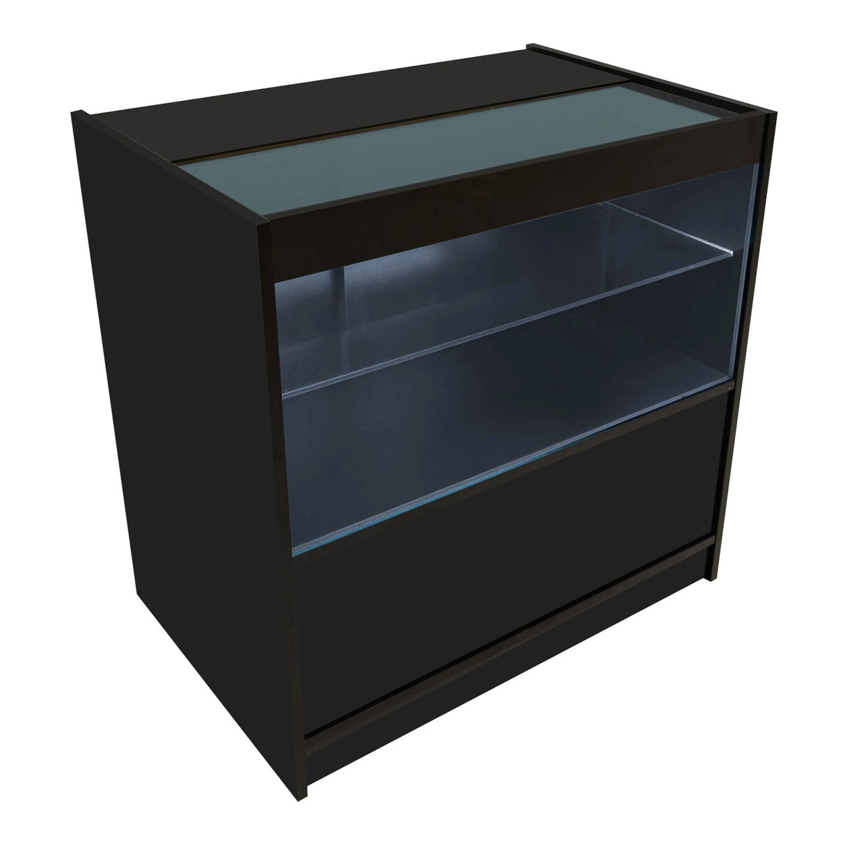 Black Andromeda LED shop counter set with glass top and shelves, featuring sleek design and modern lighting for display purposes
