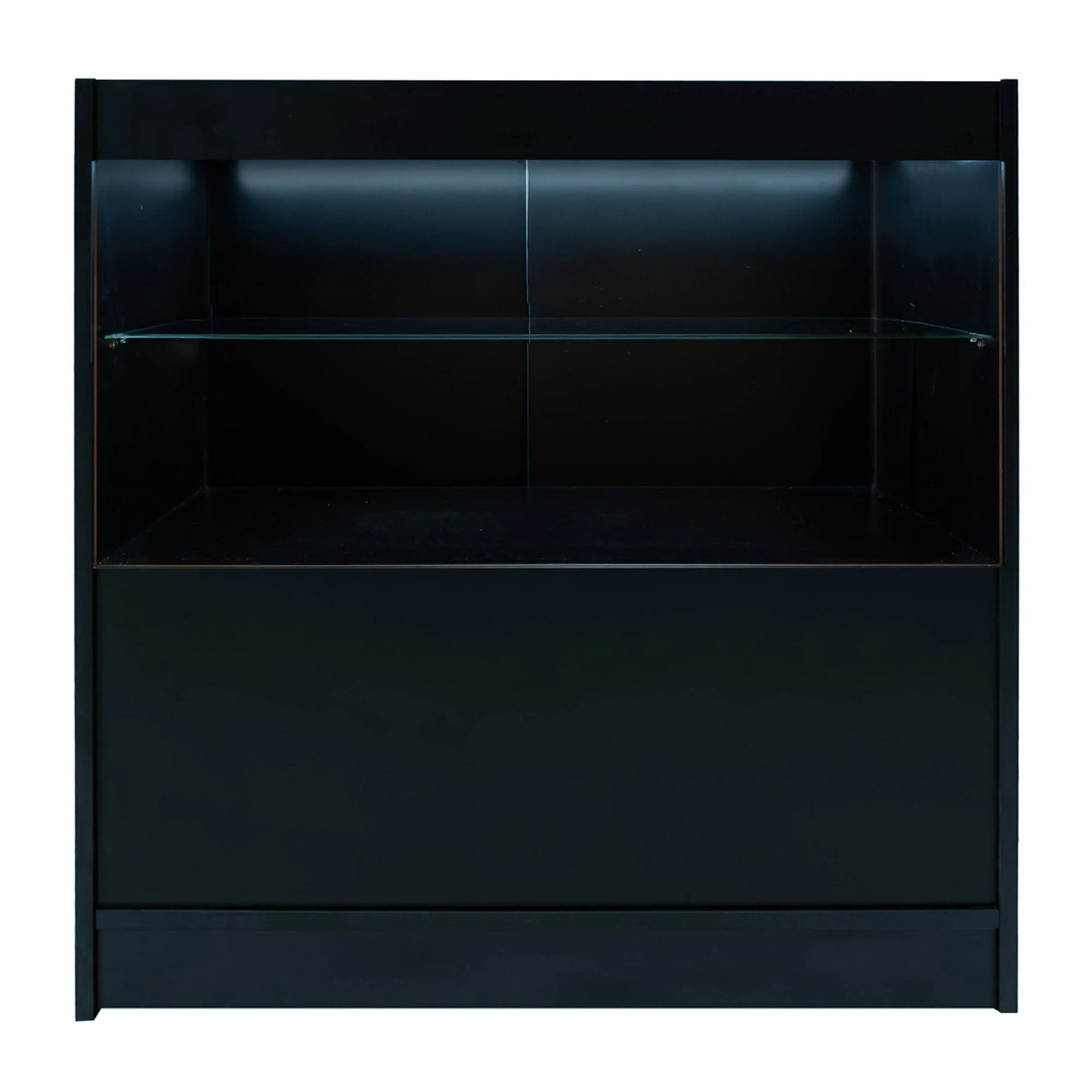 Sleek black Andromeda LED shop counter set with a glass shelf, featuring modern design and illuminated display area for products