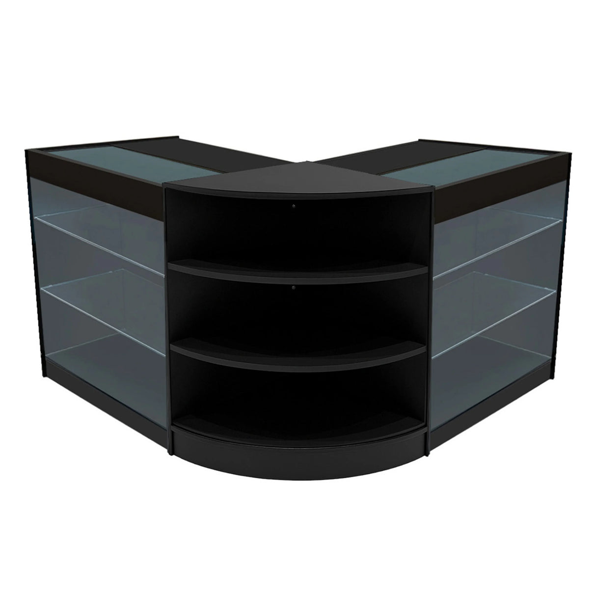 Black Apollo LED shop counter set with two glass display shelves and sleek curved design, ideal for retail environments