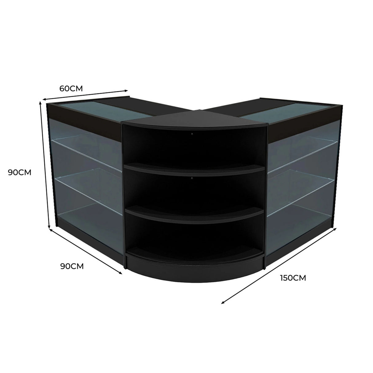 Black Apollo LED shop counter set with curved design, glass shelves, and dimensions of 150cm x 90cm x 90cm, ideal for retail displays