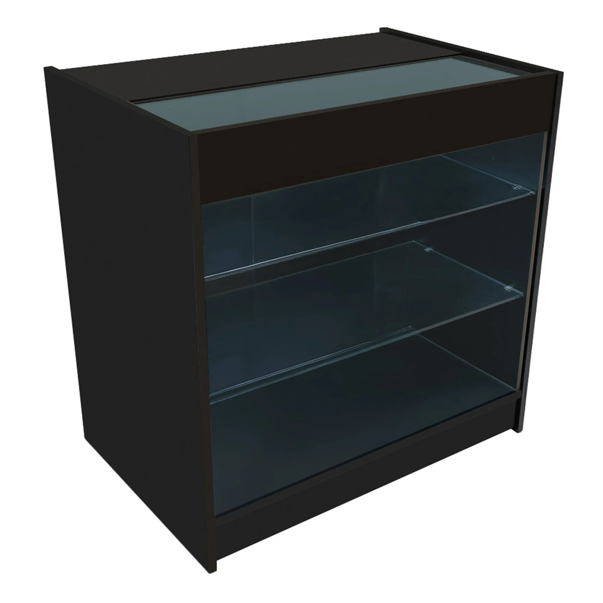 Black Apollo LED shop counter set with two glass shelves, sleek design, and illuminated top for showcasing products