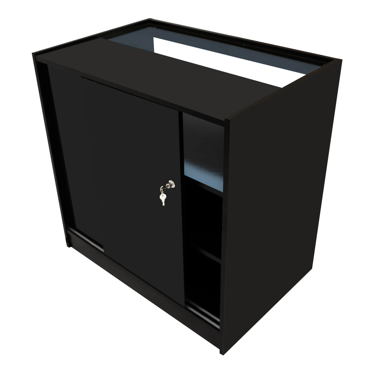 Harmonia LED Shop Counter Set in sleek black, featuring a smooth finish, sliding door, and open shelving for display and storage