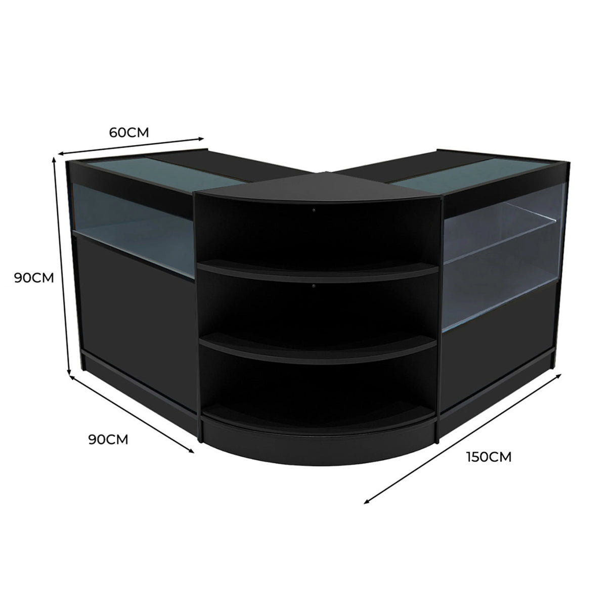 Harmonia LED Shop Counter Set in black, featuring a sleek curved design, glass display sections, and ample storage shelves