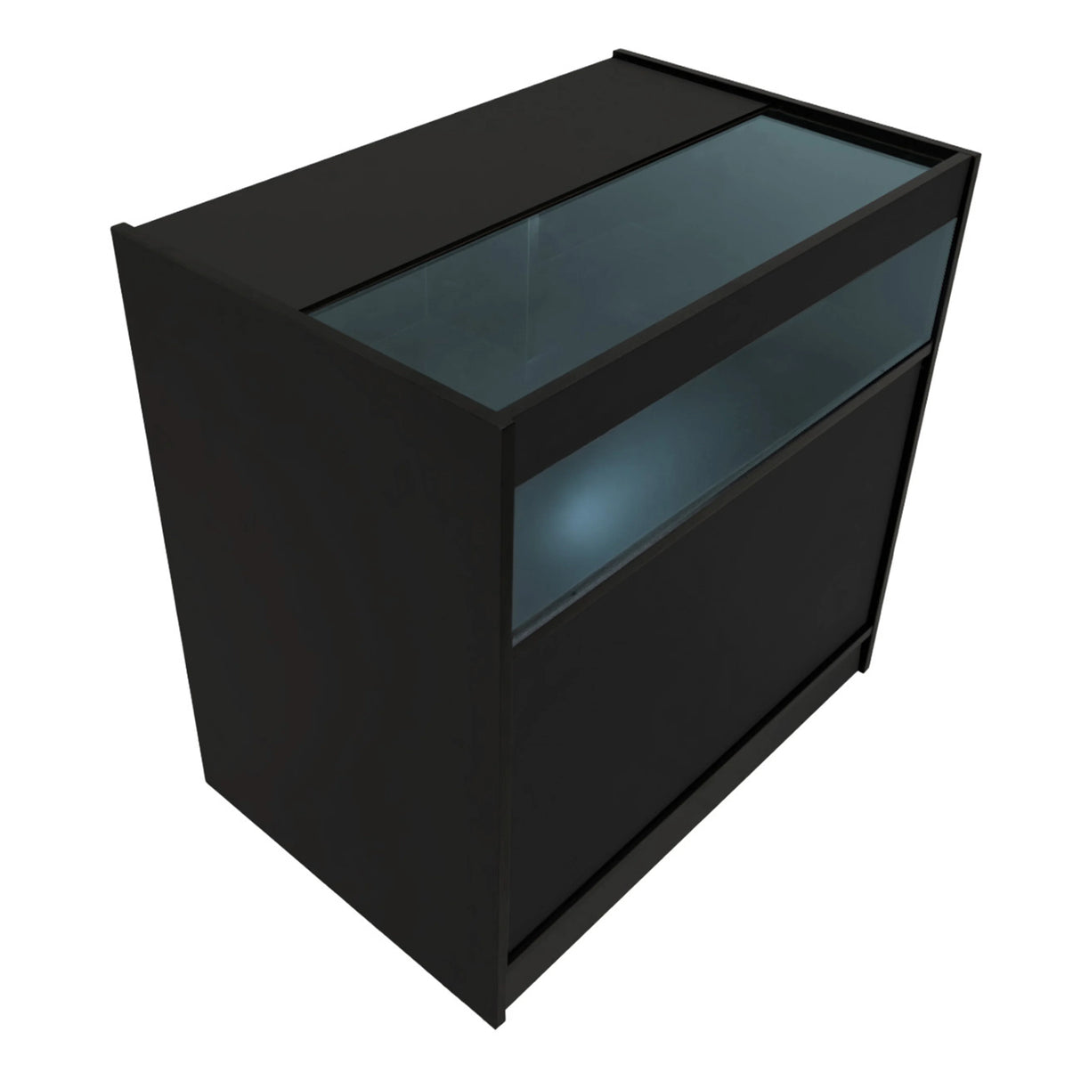 Harmonia LED Shop Counter Set in black, featuring a sleek design, glass top, and illuminated display area for showcasing products