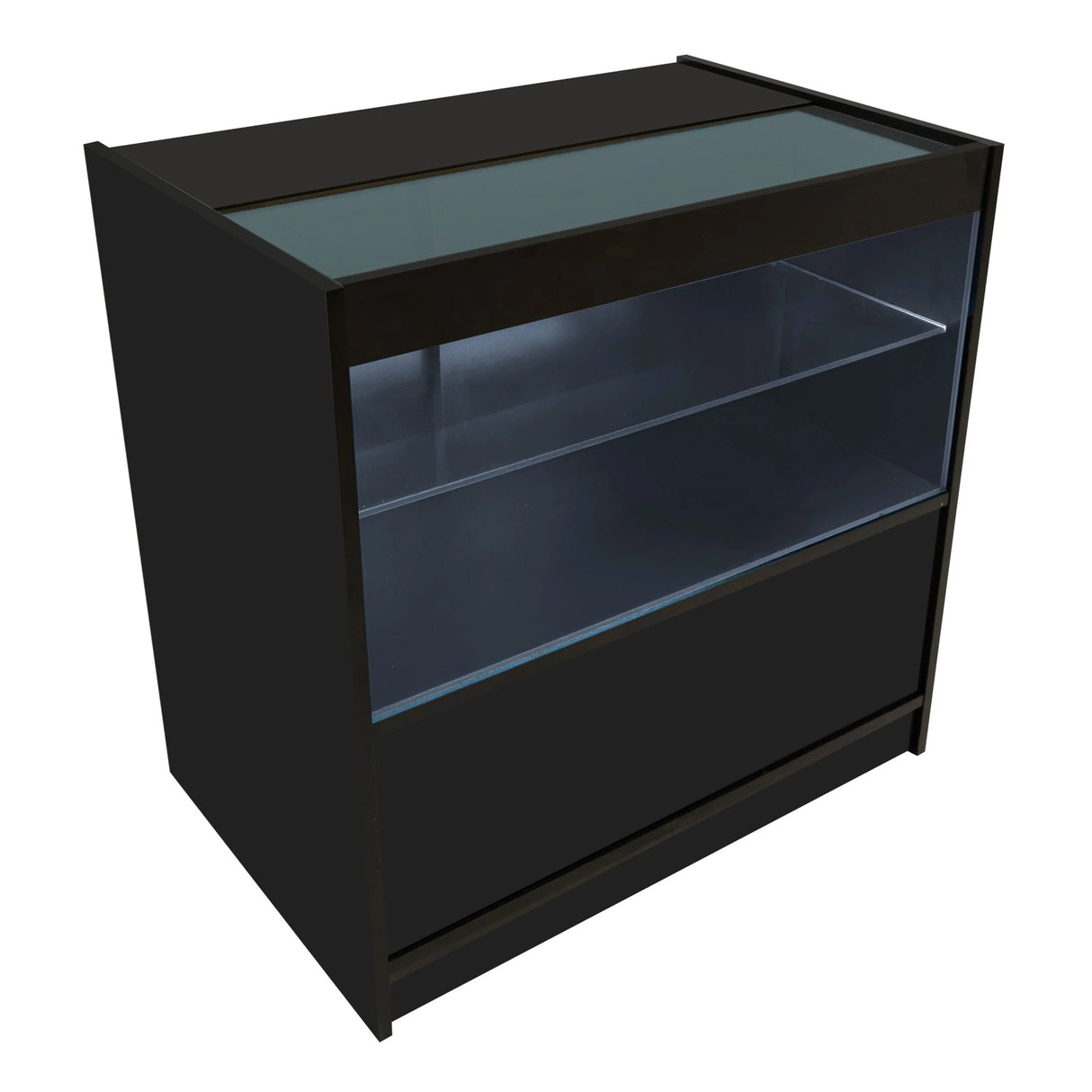 Harmonia LED shop counter set in sleek black, featuring a glass top, illuminated shelves, and a modern minimalist design