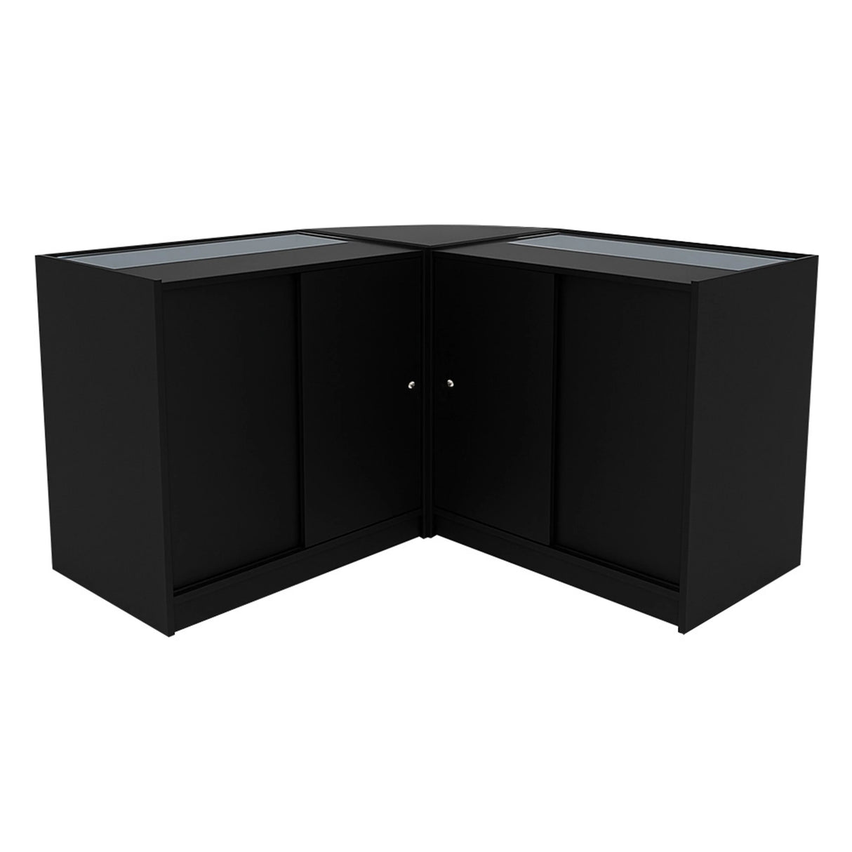 Black Demeter LED shop counter set featuring sleek, modern design with glass display tops and spacious storage compartments