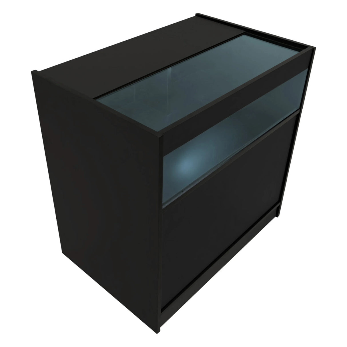 Black Demeter LED shop counter set featuring a sleek design, glass top, and illuminated display area for showcasing products