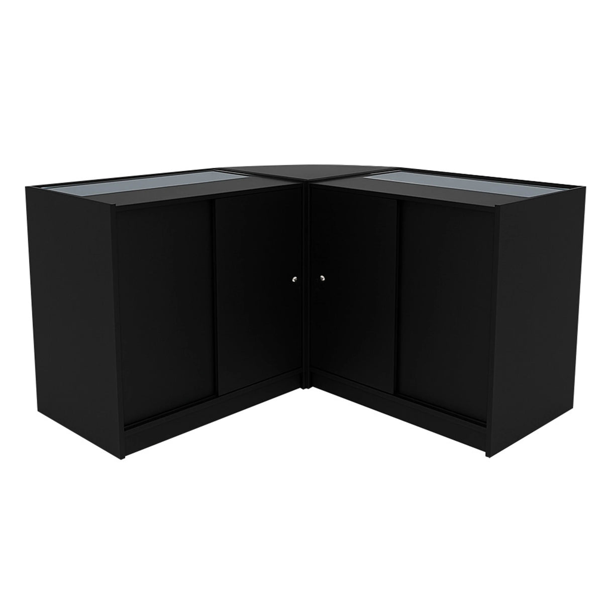 Black Calliope LED shop counter set featuring sleek glass display tops and a modern corner design, ideal for retail spaces