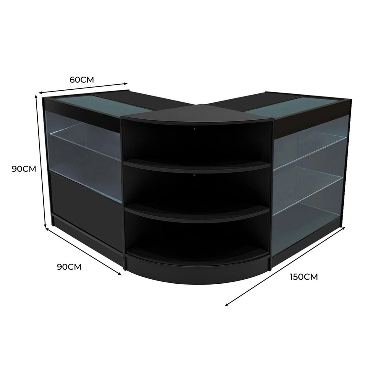 Black Calliope LED Shop Counter Set featuring curved design, glass shelves, and sleek finish, ideal for retail displays