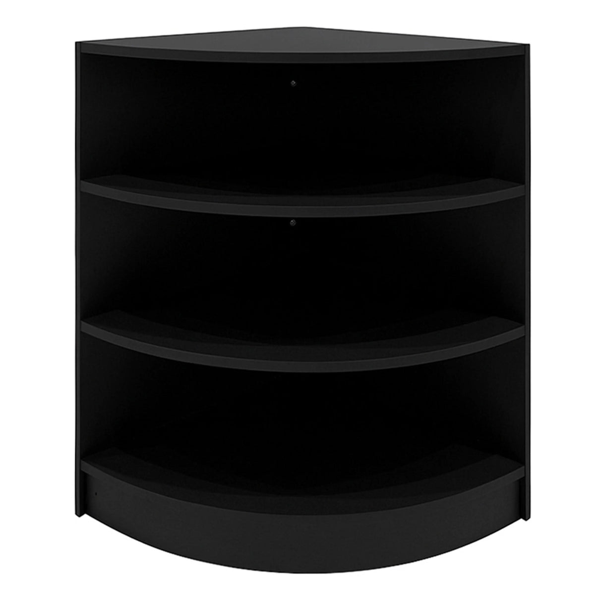Black corner shop counter set with three spacious shelves, featuring a sleek design and smooth finish, ideal for retail display