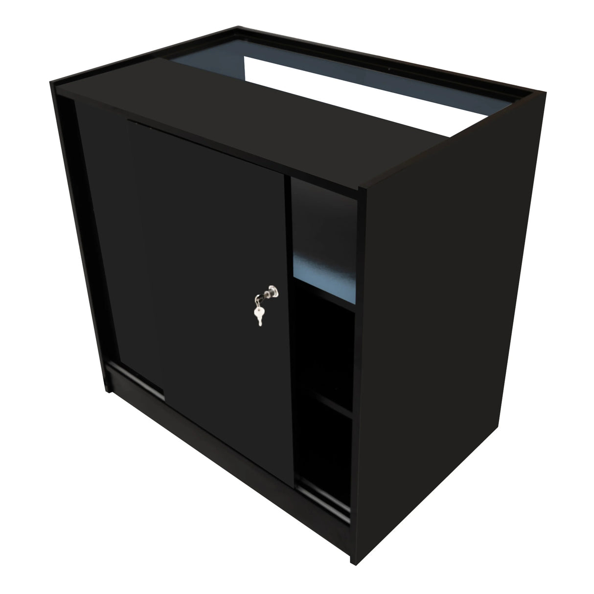 Luna LED Shop Counter Set in sleek black, featuring a spacious top, sliding door, and open shelving for versatile display options