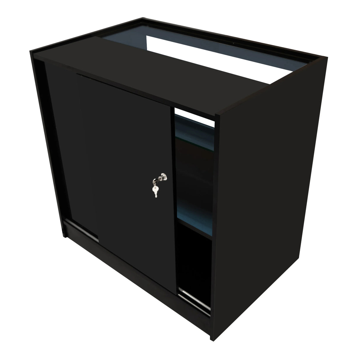 Black Phoenix LED shop counter set featuring sleek design, glass top, sliding door, and interior shelves for organized display