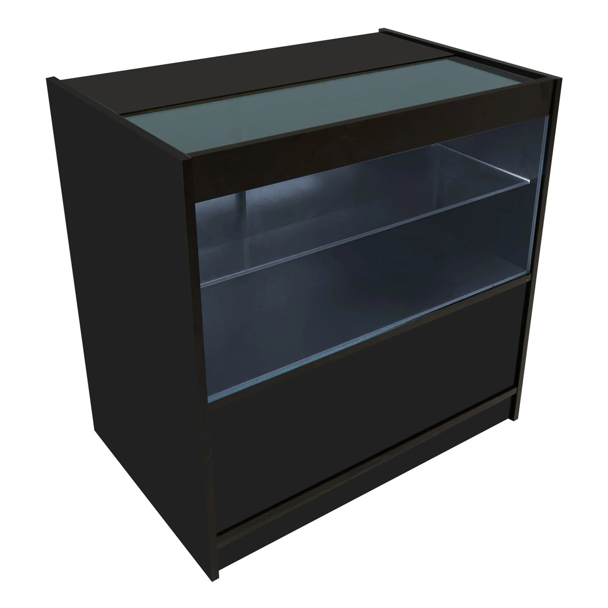 Black Phoenix LED shop counter set featuring sleek design, glass top, illuminated shelves, and spacious storage for retail displays