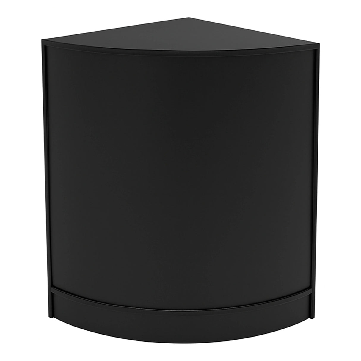 Black corner LED shop counter with a sleek design, featuring a smooth finish and modern shape, ideal for retail displays