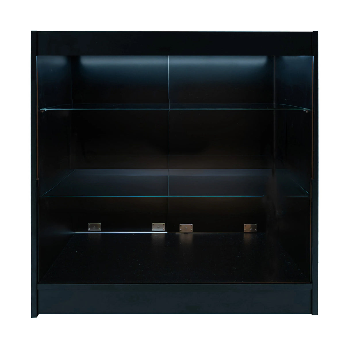 Black Aries LED shop counter set featuring sleek glass shelves and illuminated interior, perfect for showcasing products