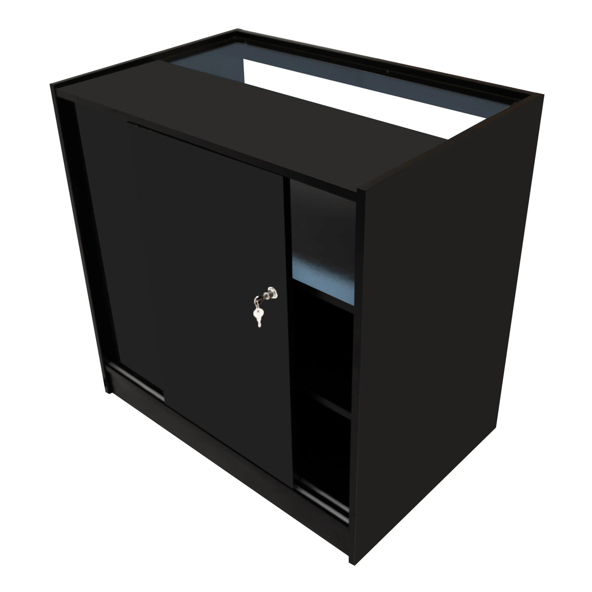 Gravity LED shop counter set in sleek black, featuring a smooth finish, secure locking door, and open shelving for display storage