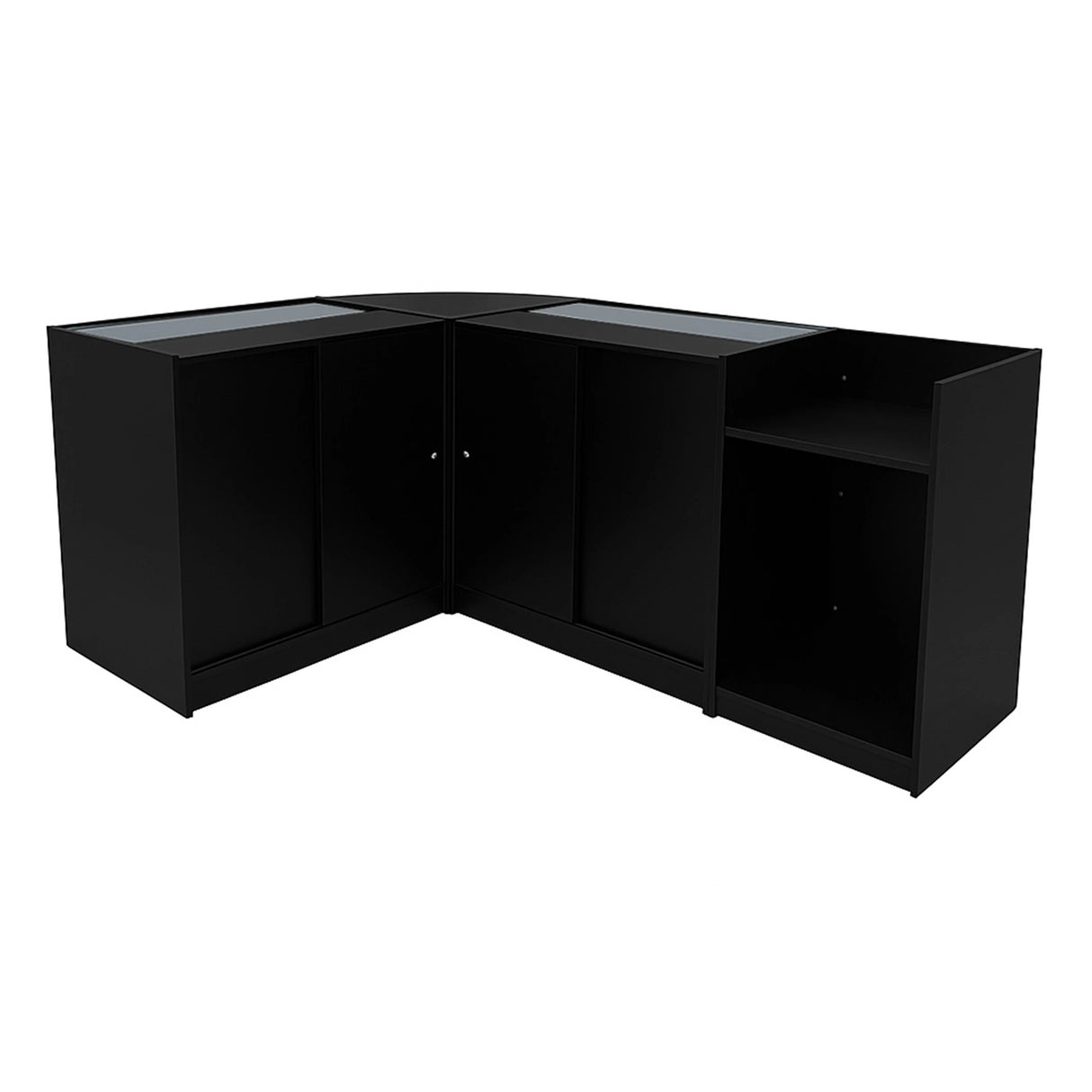 Black Gravity LED shop counter set featuring sleek design, glass display tops, and ample storage space in a modern corner layout