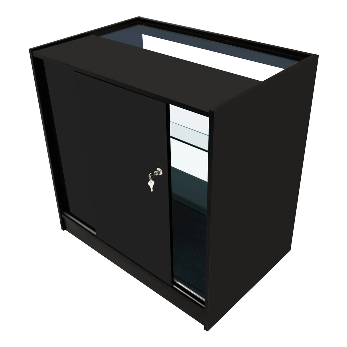 Polaris LED shop counter set in sleek black, featuring a sliding door, glass shelves, and a modern design for retail displays