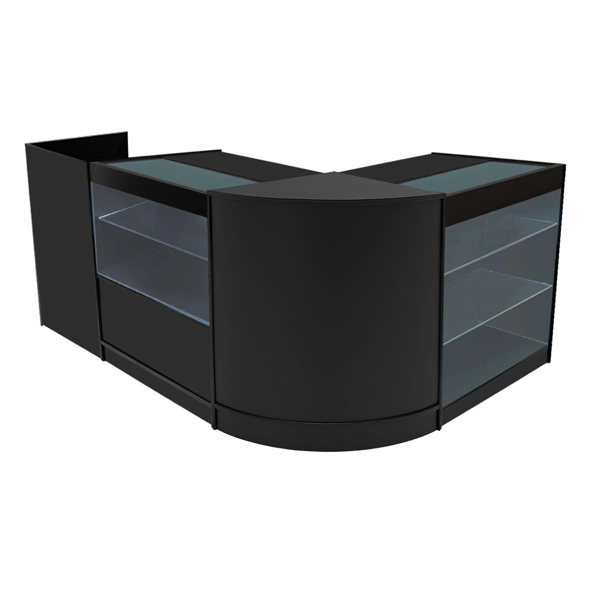 Vega LED Shop Counter Set in sleek black, featuring glass display shelves and a modern curved design for retail spaces