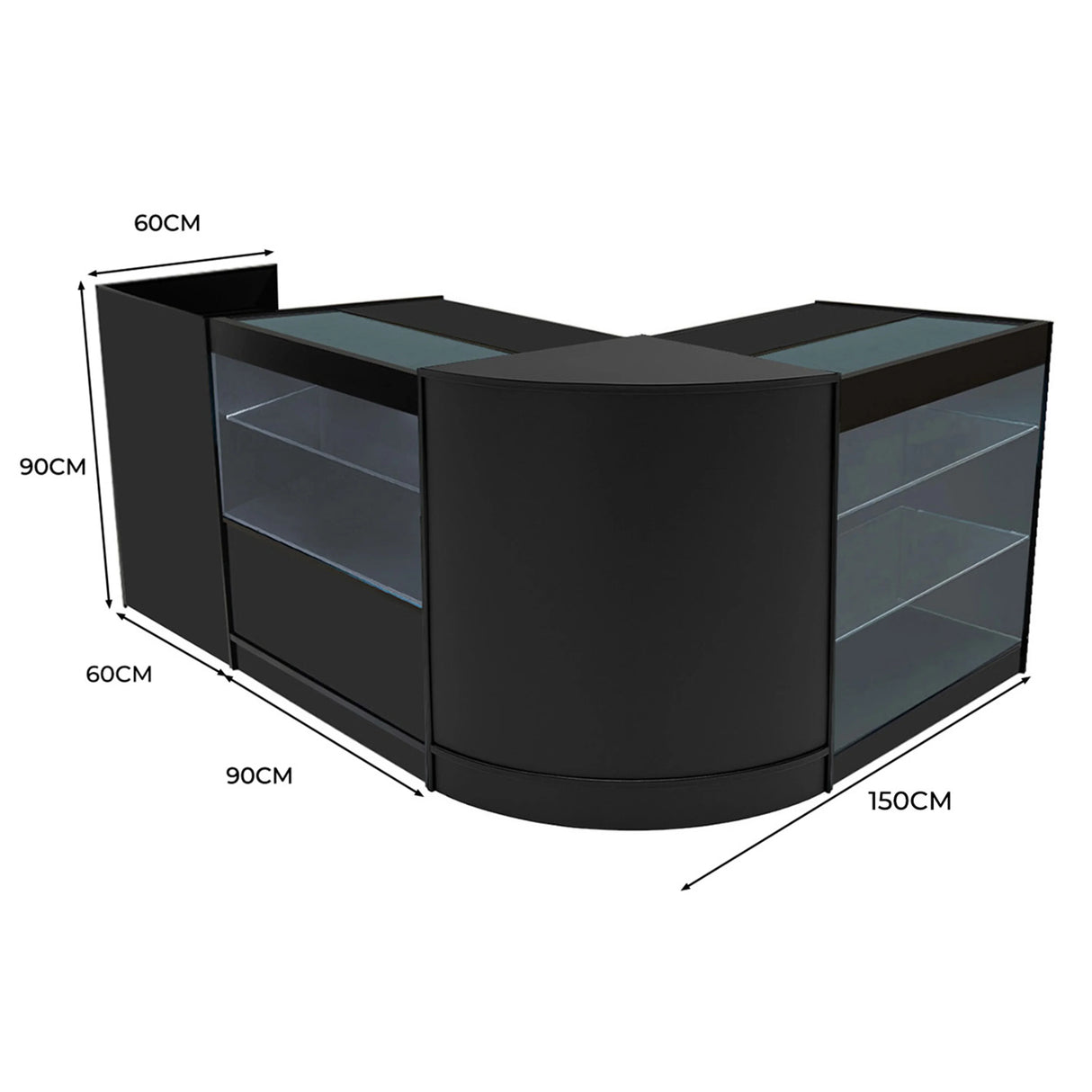 Vega LED Shop Counter Set in black, featuring sleek curved design, glass display shelves, and modern dimensions for retail spaces
