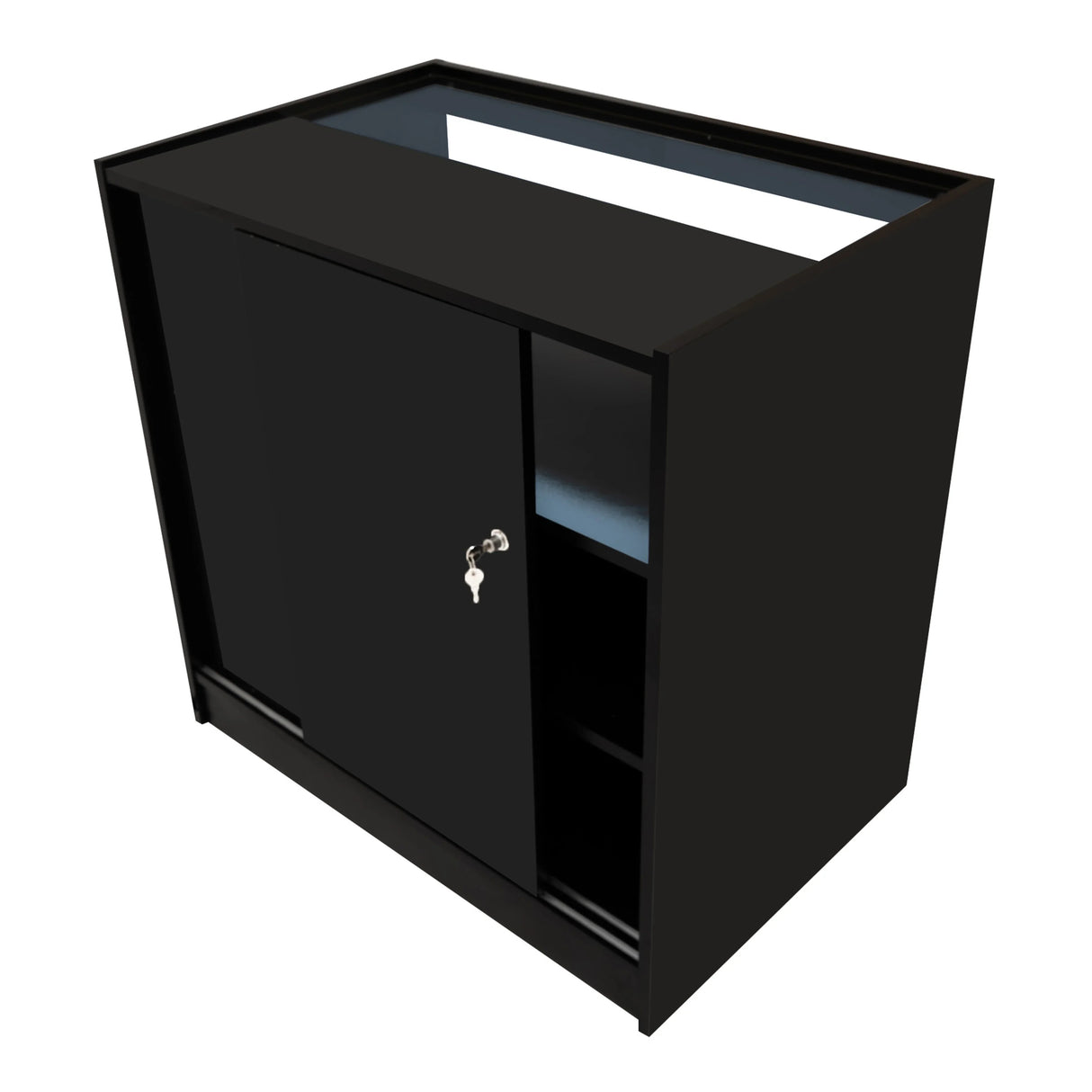 Sagittarius LED Shop Counter Set in sleek black, featuring a smooth surface, sliding door, and open shelving for storage and display