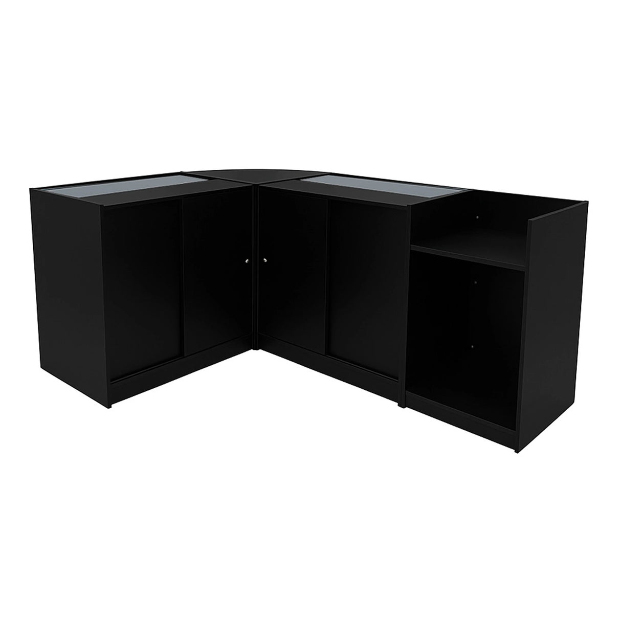 Sagittarius LED Shop Counter Set in sleek black, featuring glass display tops, ample storage space, and a modern design