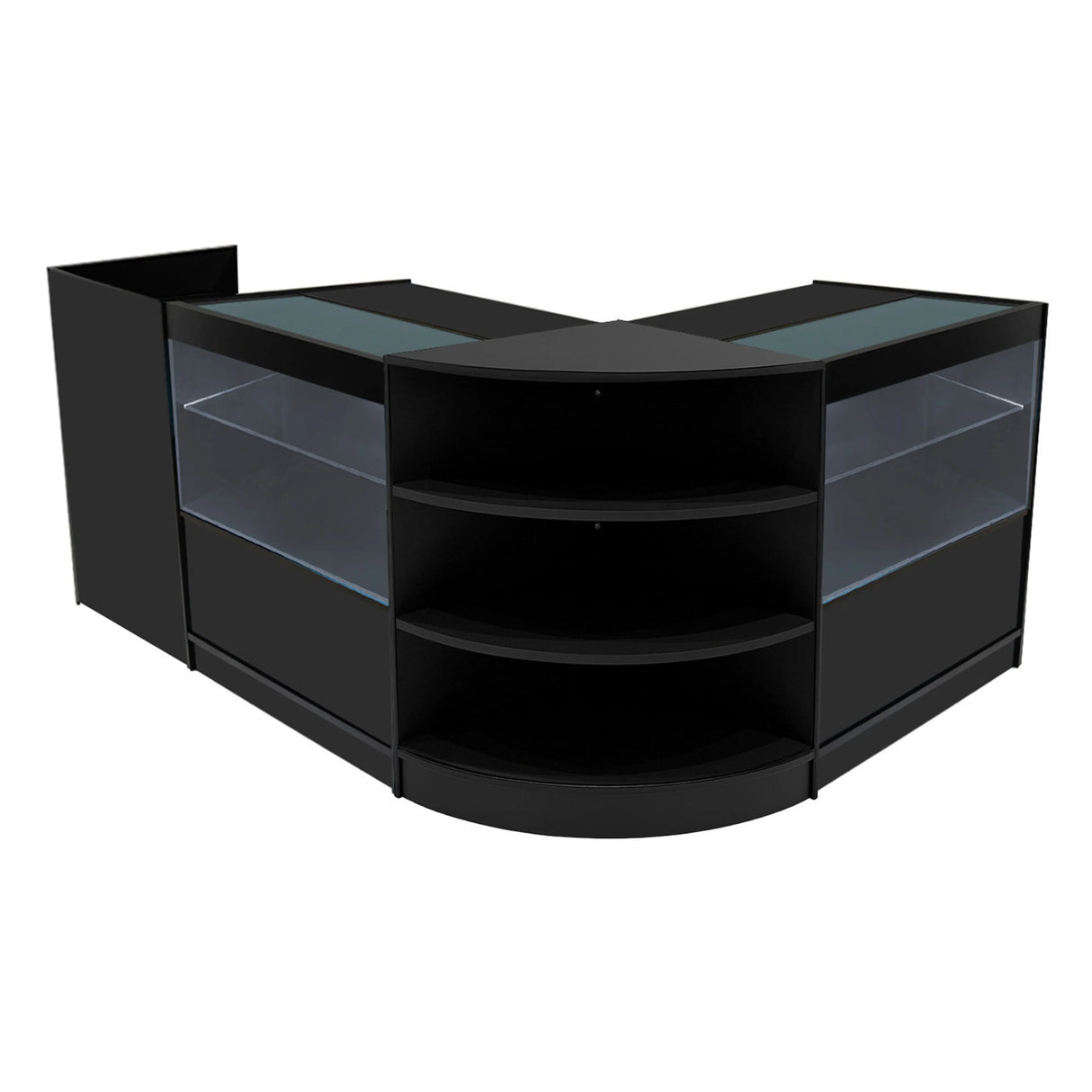 Eclipse LED Shop Counter Set in sleek black, featuring curved and straight sections, glass display tops, and multiple shelves for storage