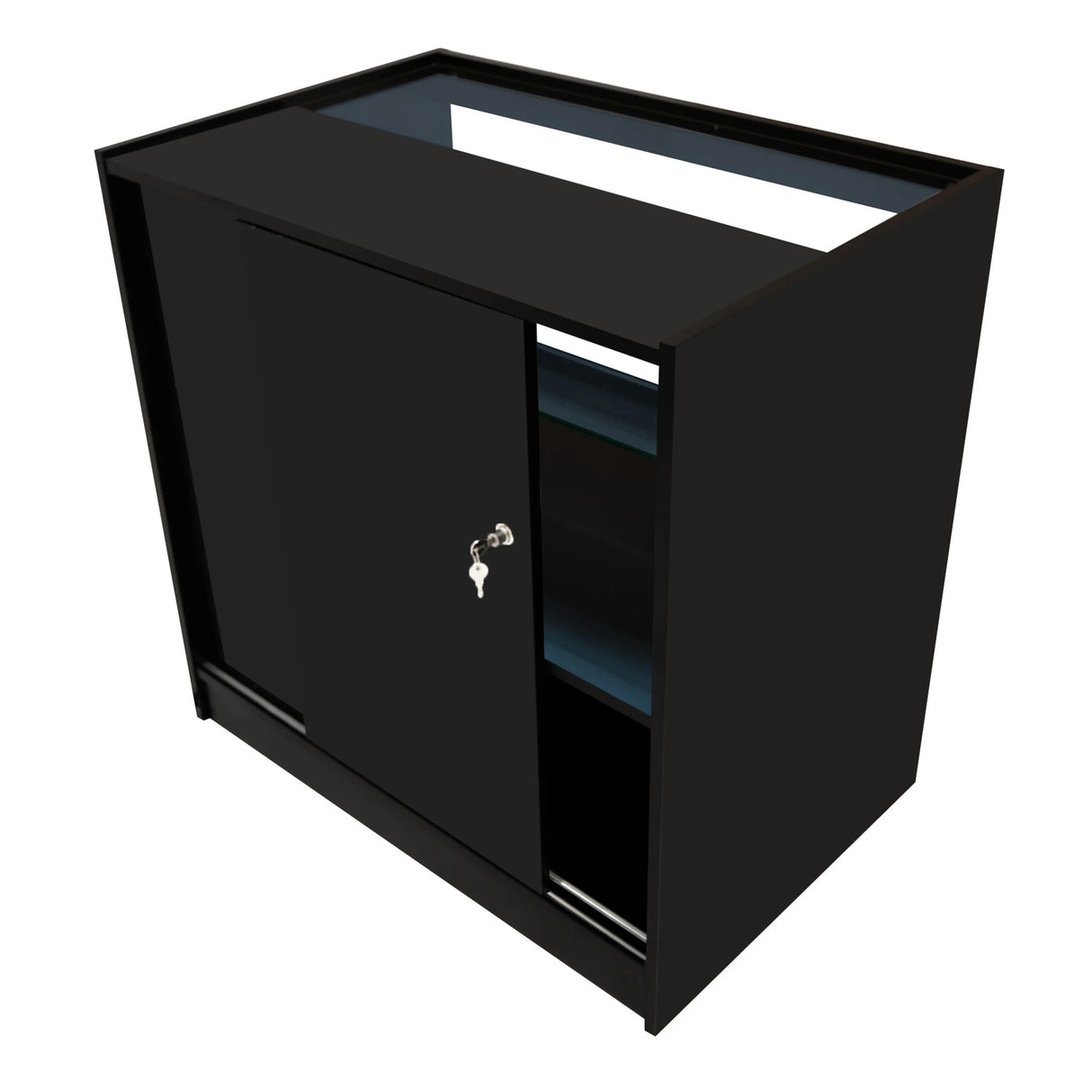 Eclipse LED shop counter set in sleek black, featuring a sliding door, glass top, and interior shelves for organized display