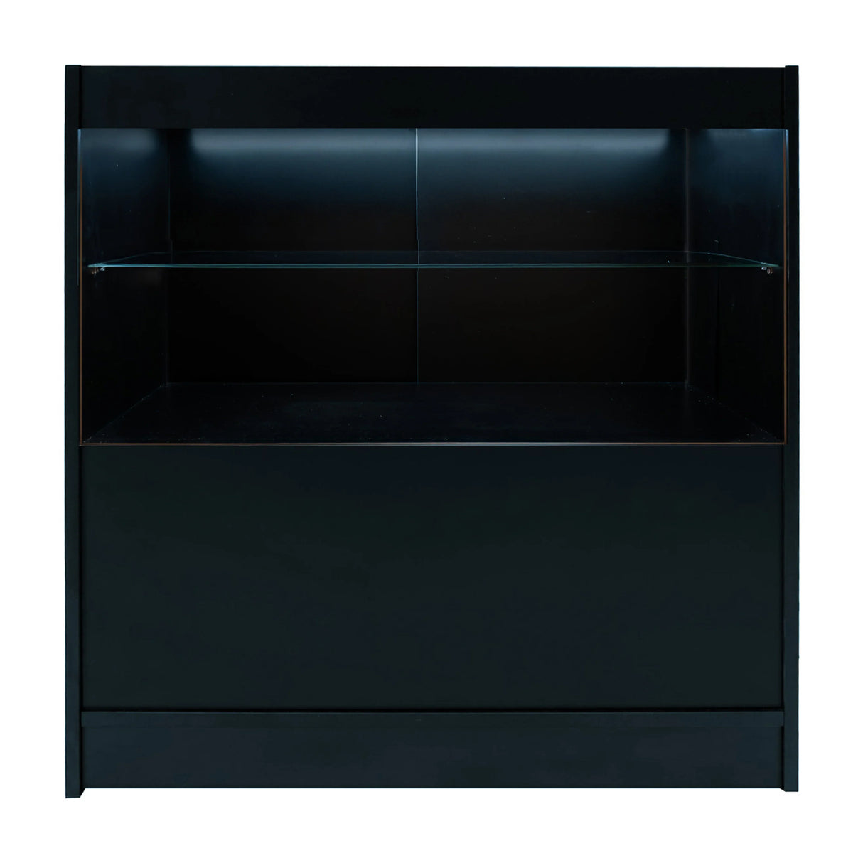 Eclipse LED Shop Counter Set in sleek black, featuring a glass shelf and illuminated display area for showcasing products