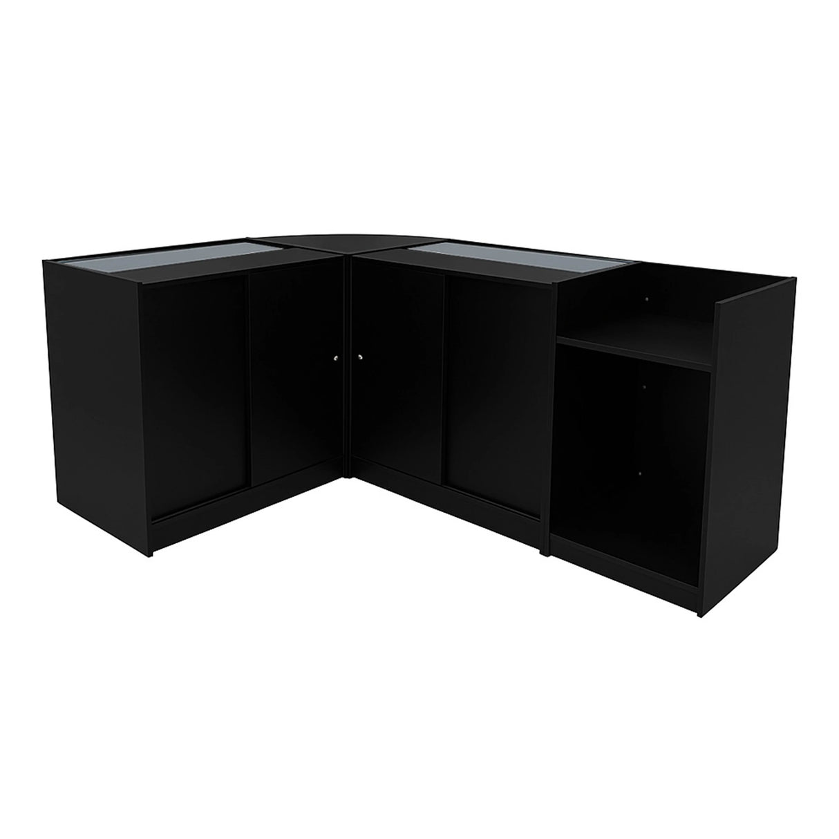 Astro LED Shop Counter Set in sleek black, featuring two display cabinets with glass tops and ample storage space for retail use