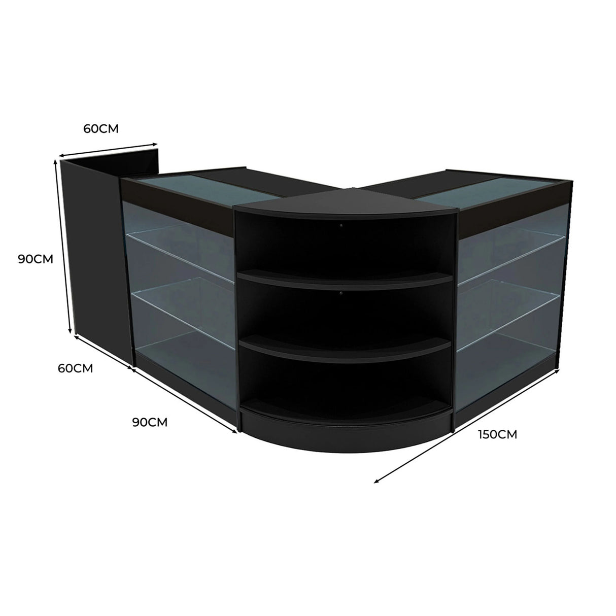 Astro LED Shop Counter Set in black features a sleek design with glass shelves, measuring 150cm wide and 90cm tall, ideal for retail displays