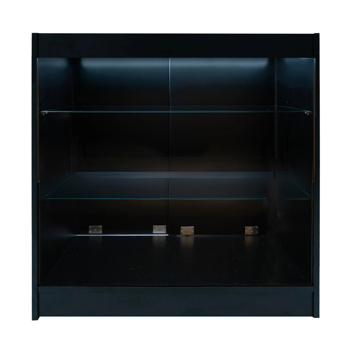 Astro LED Shop Counter Set in black, featuring sleek glass shelves and a modern design, ideal for showcasing products in retail spaces