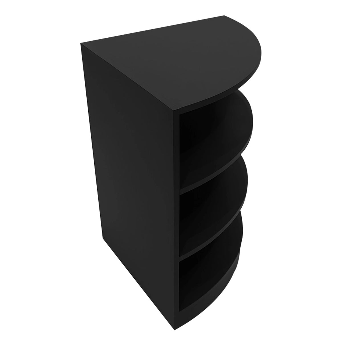 Curved black LED shop counter with four shelves, designed for display and storage, featuring a sleek, modern finish