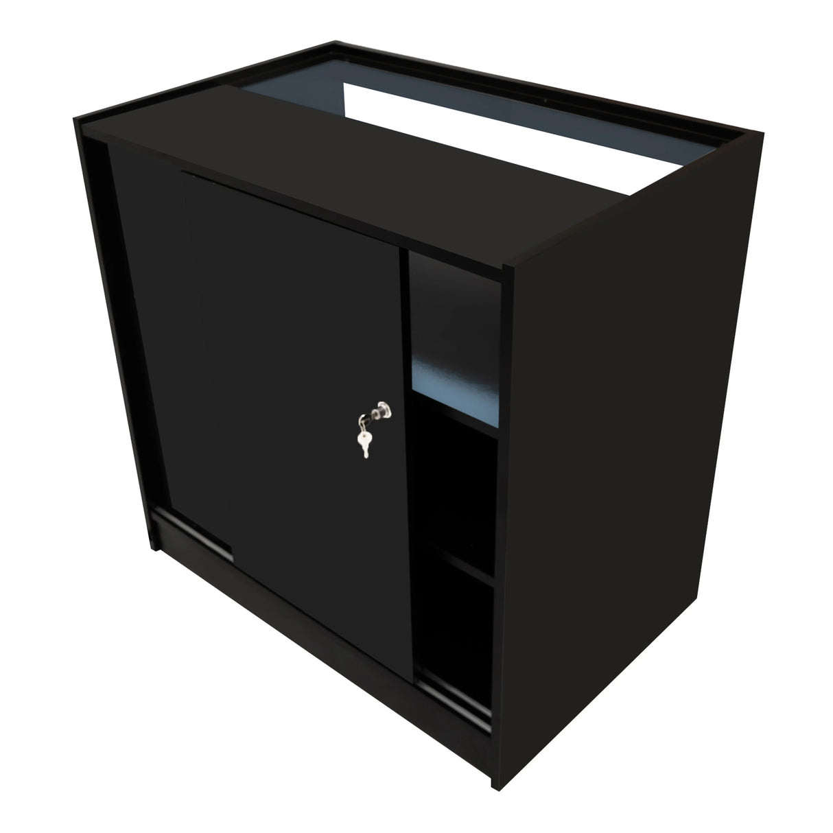 Black Europa LED shop counter set featuring sleek design, smooth surfaces, and secure storage with a lockable door and open shelves