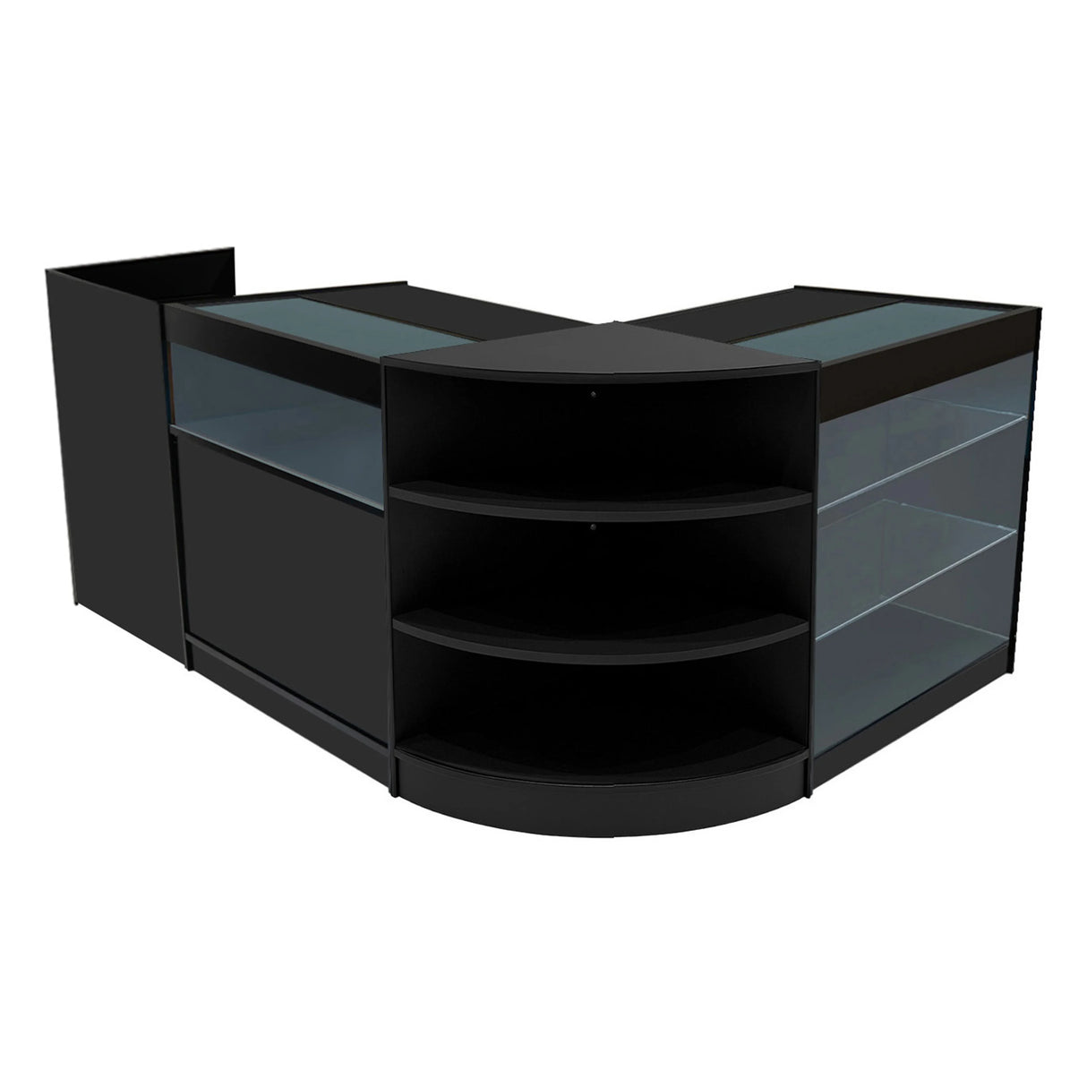 Black Hyperion LED shop counter set featuring sleek glass shelves, curved edges, and modern design for retail displays