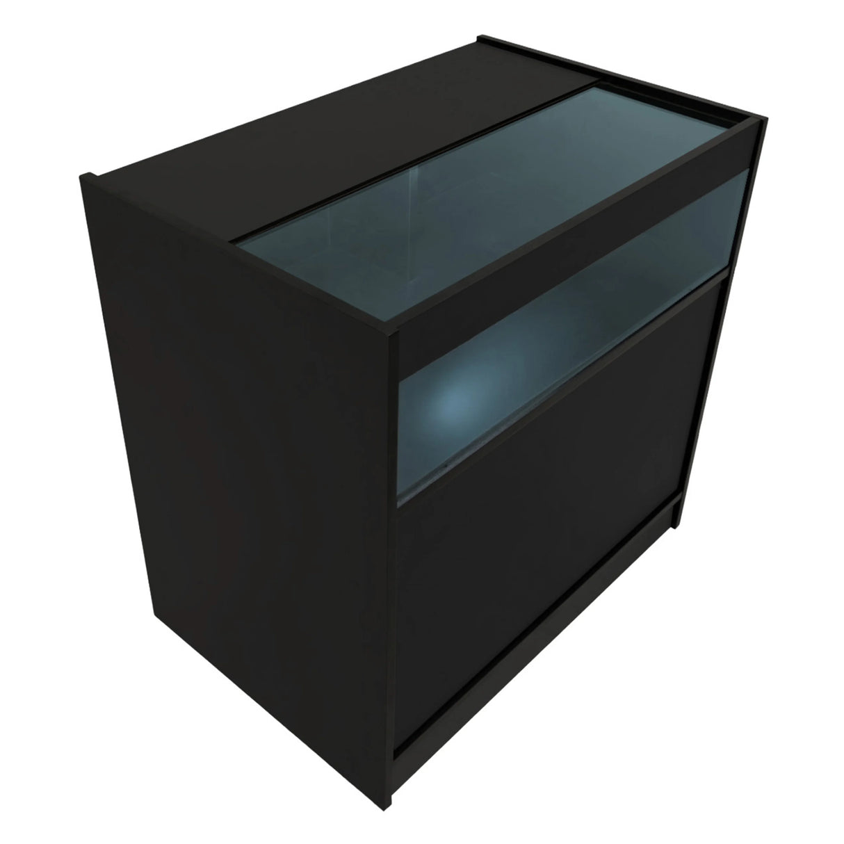 Sleek black Hyperion LED shop counter set featuring a glass top and illuminated display area, ideal for retail environments