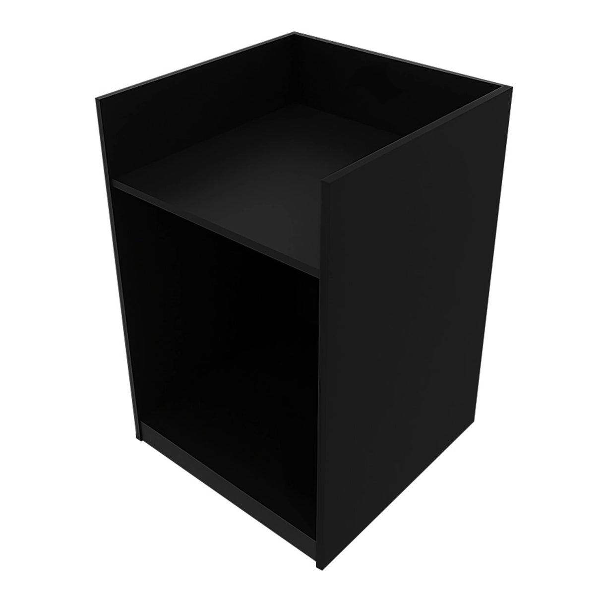 Sleek black Hyperion LED shop counter with a minimalist design, featuring a smooth finish and open storage space below