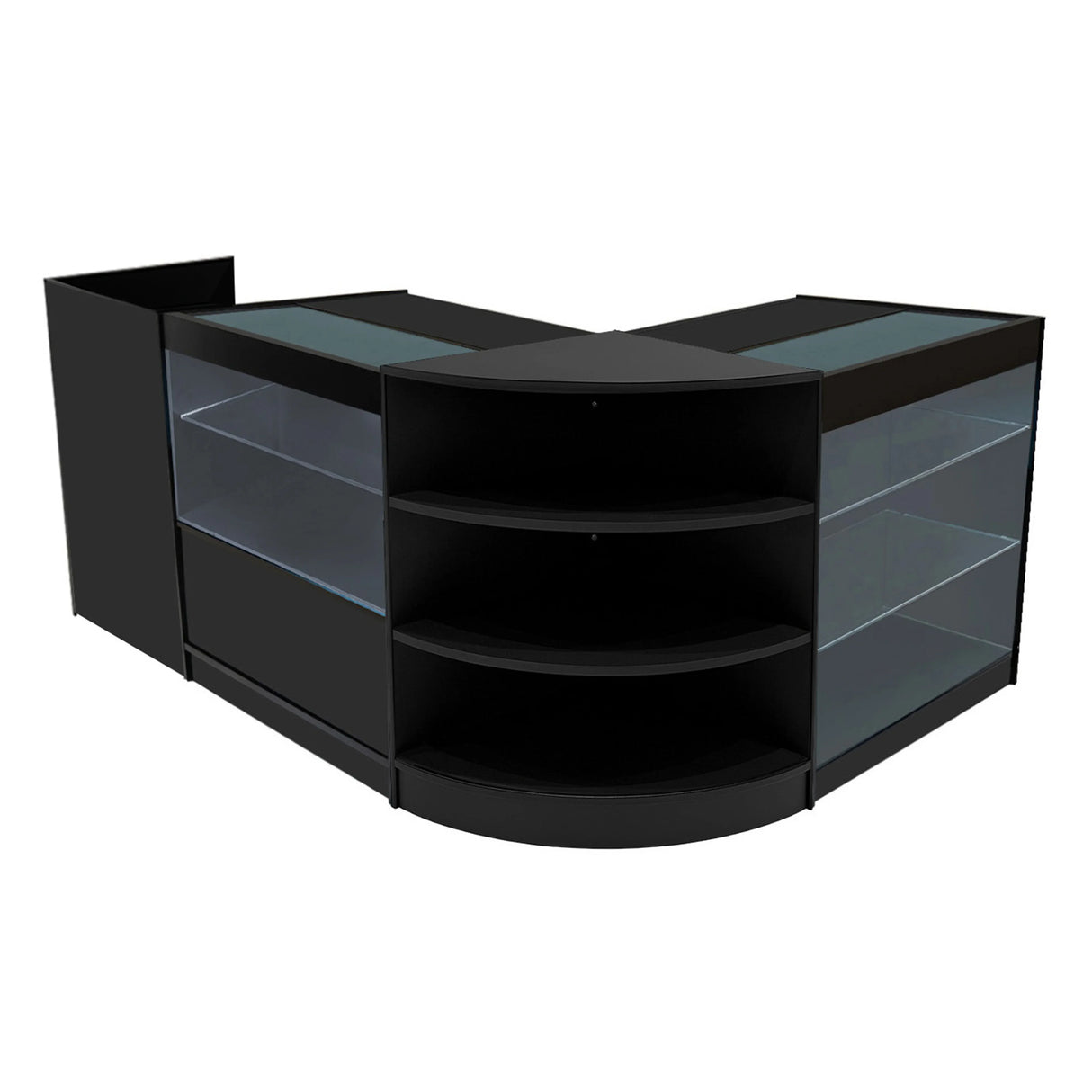 Theia LED Shop Counter Set in sleek black features glass shelves, curved design, and modern lighting for retail displays