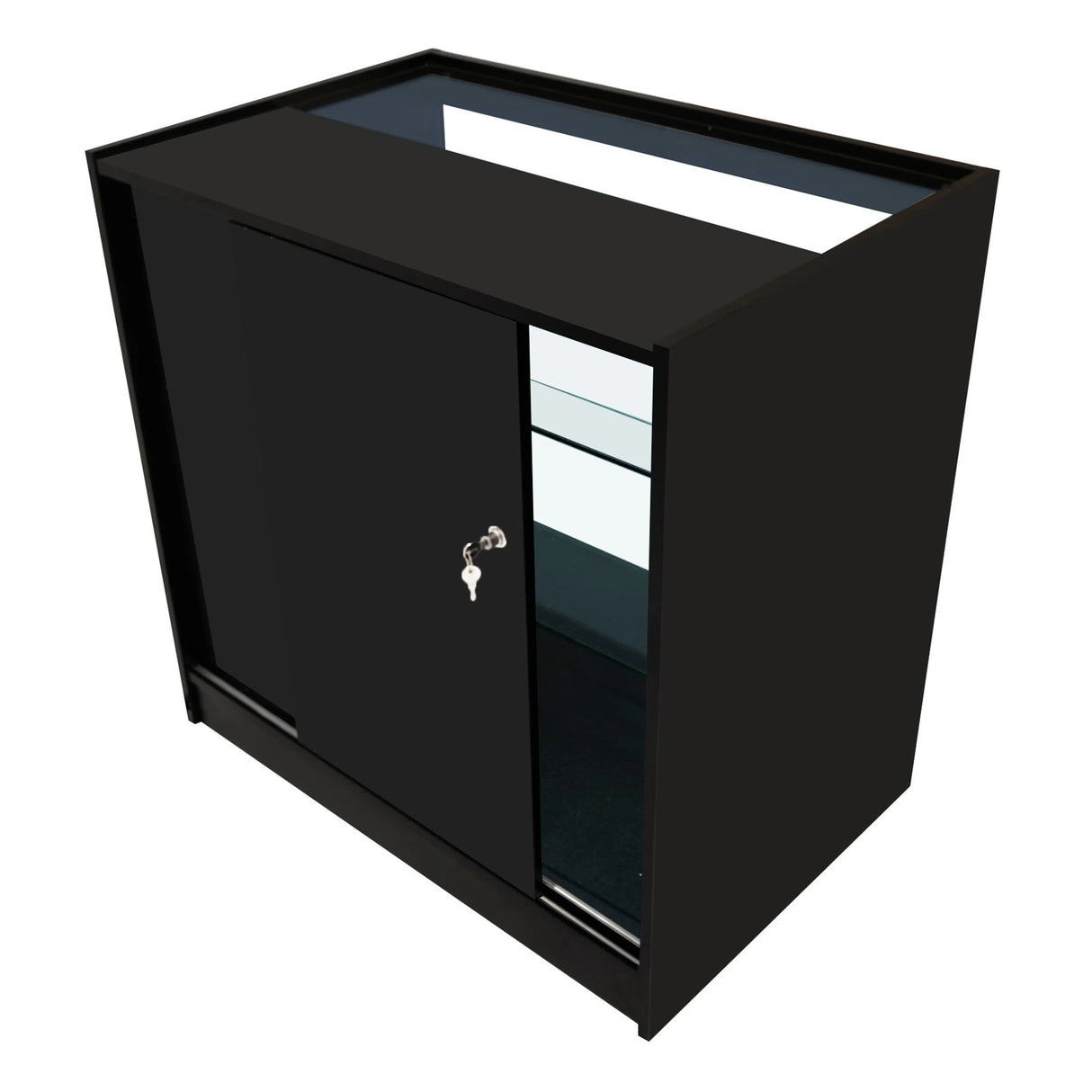Black Theia LED shop counter set featuring sleek design, glass shelves, and a secure sliding door for display and storage