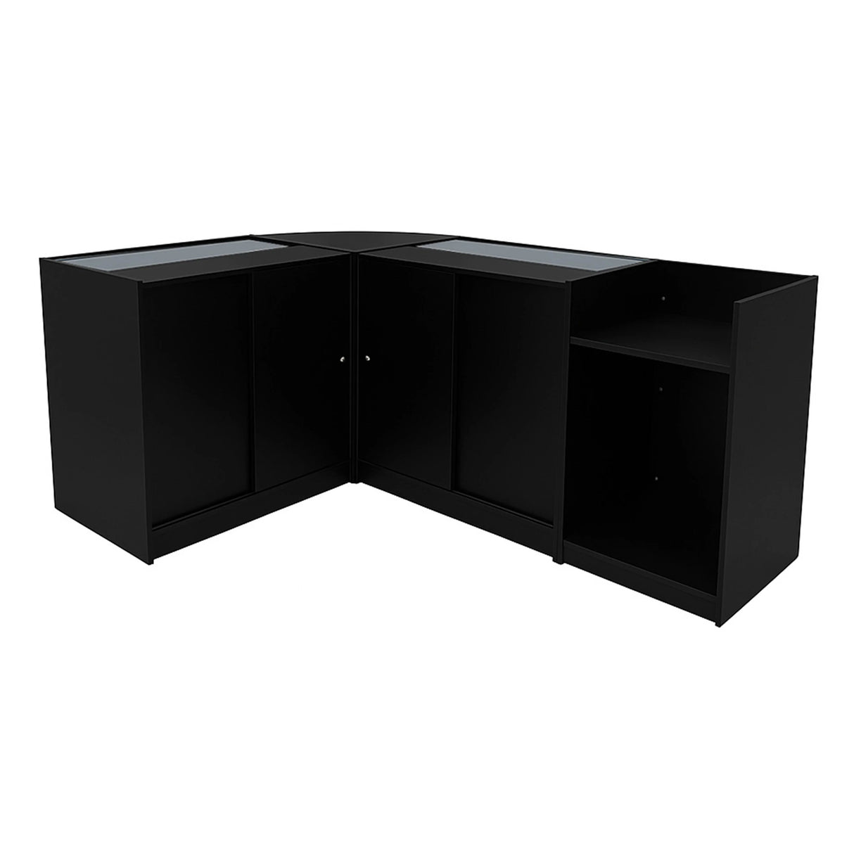 Theia LED Shop Counter Set in sleek black features a modern design with glass display tops and ample storage space in a corner layout