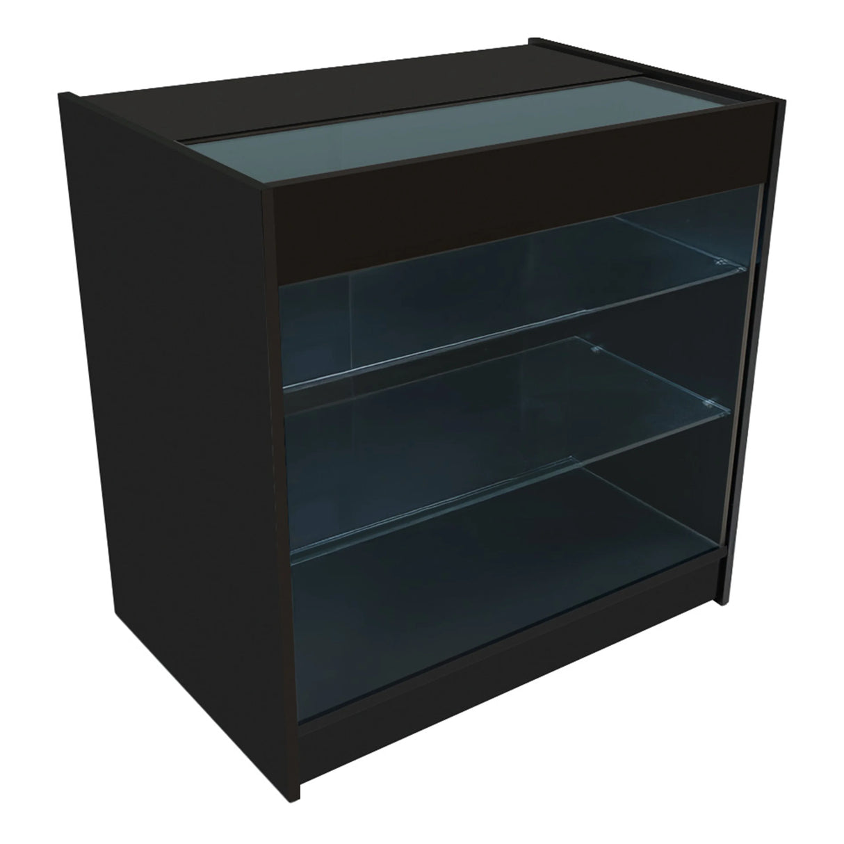 Black LED shop counter with glass shelves, sleek design, and modern finish, ideal for displaying products in retail spaces