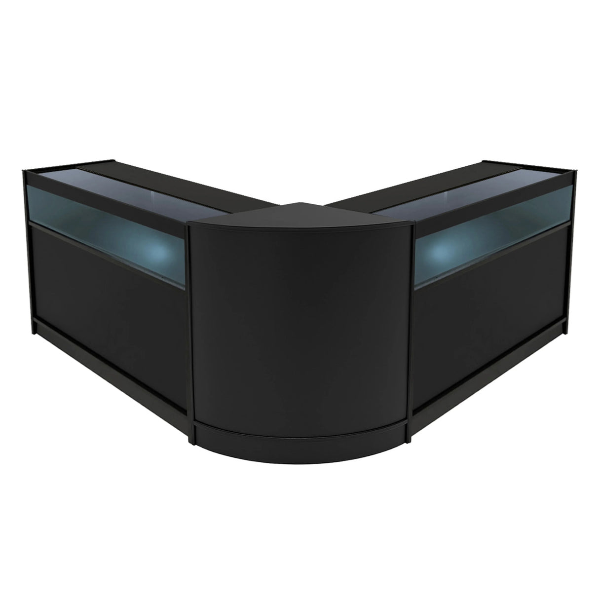 Black Iris LED shop counter set featuring a sleek, modern design with glass display tops and illuminated shelves, ideal for retail spaces