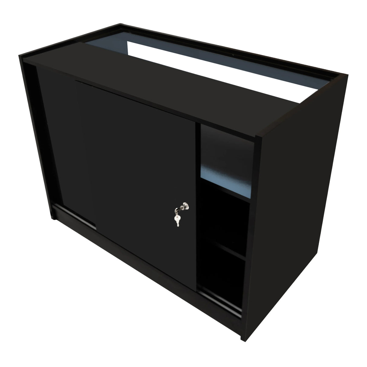 Black Iris LED shop counter set featuring a sleek design, sliding doors, and open shelving for storage and display