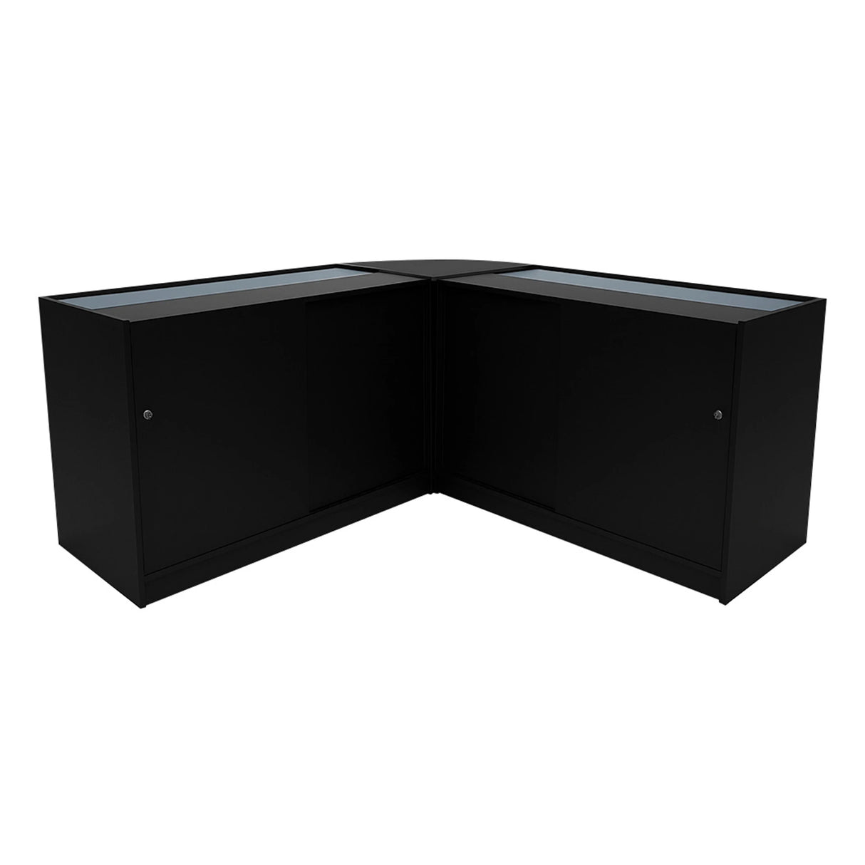 Black Iris LED shop counter set featuring a sleek corner design with glass display tops and storage cabinets for retail use