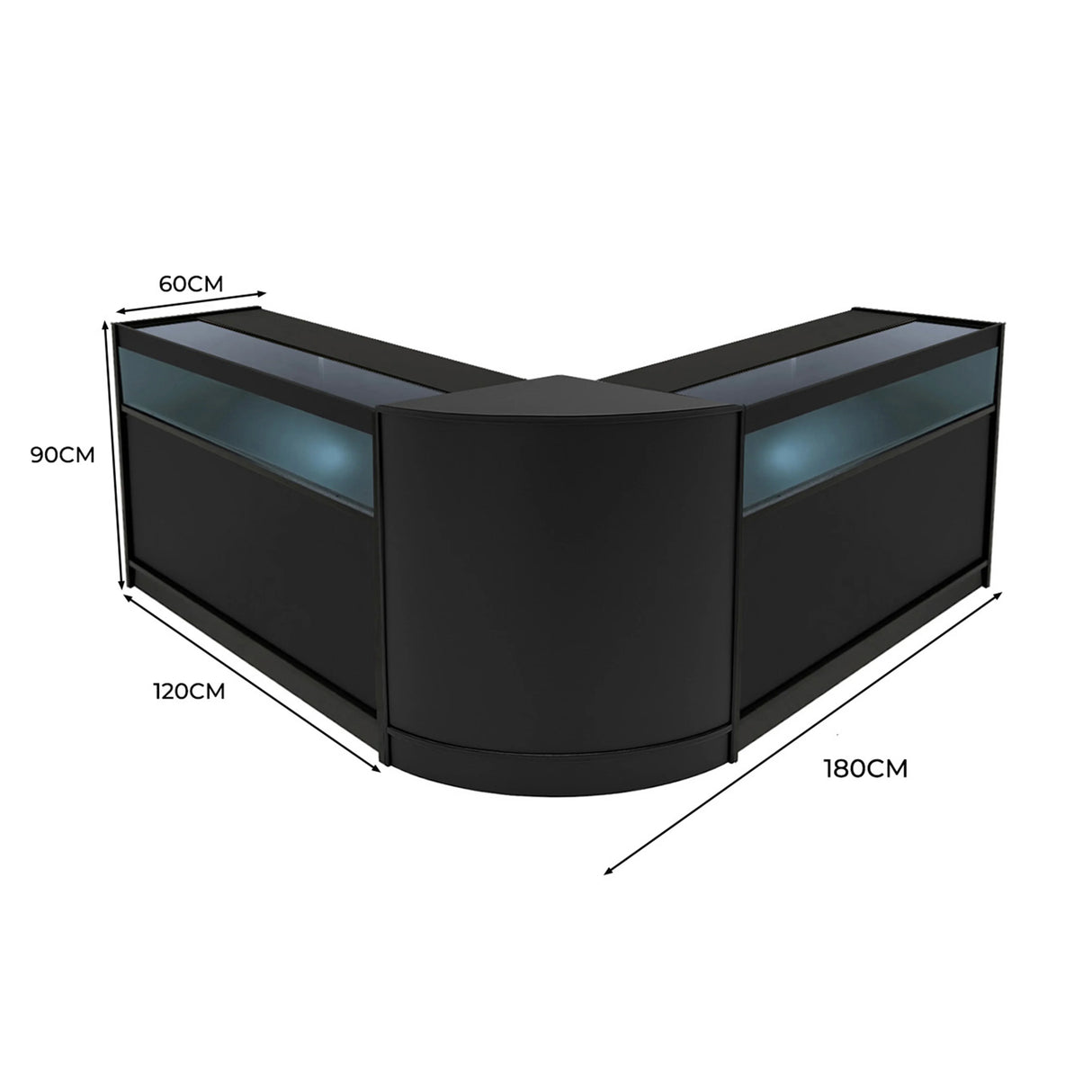 Black Iris LED shop counter set featuring a sleek, modern design with glass display sections, measuring 180cm wide and 90cm tall