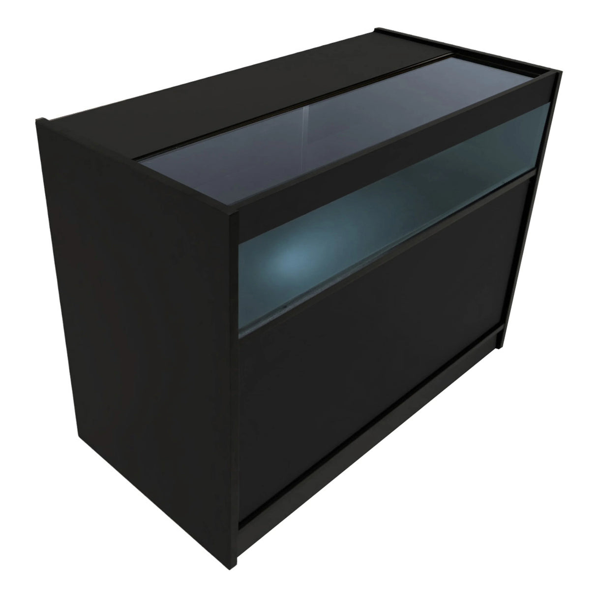 Black Iris LED shop counter set featuring a sleek design, glass top, and illuminated display area for showcasing products