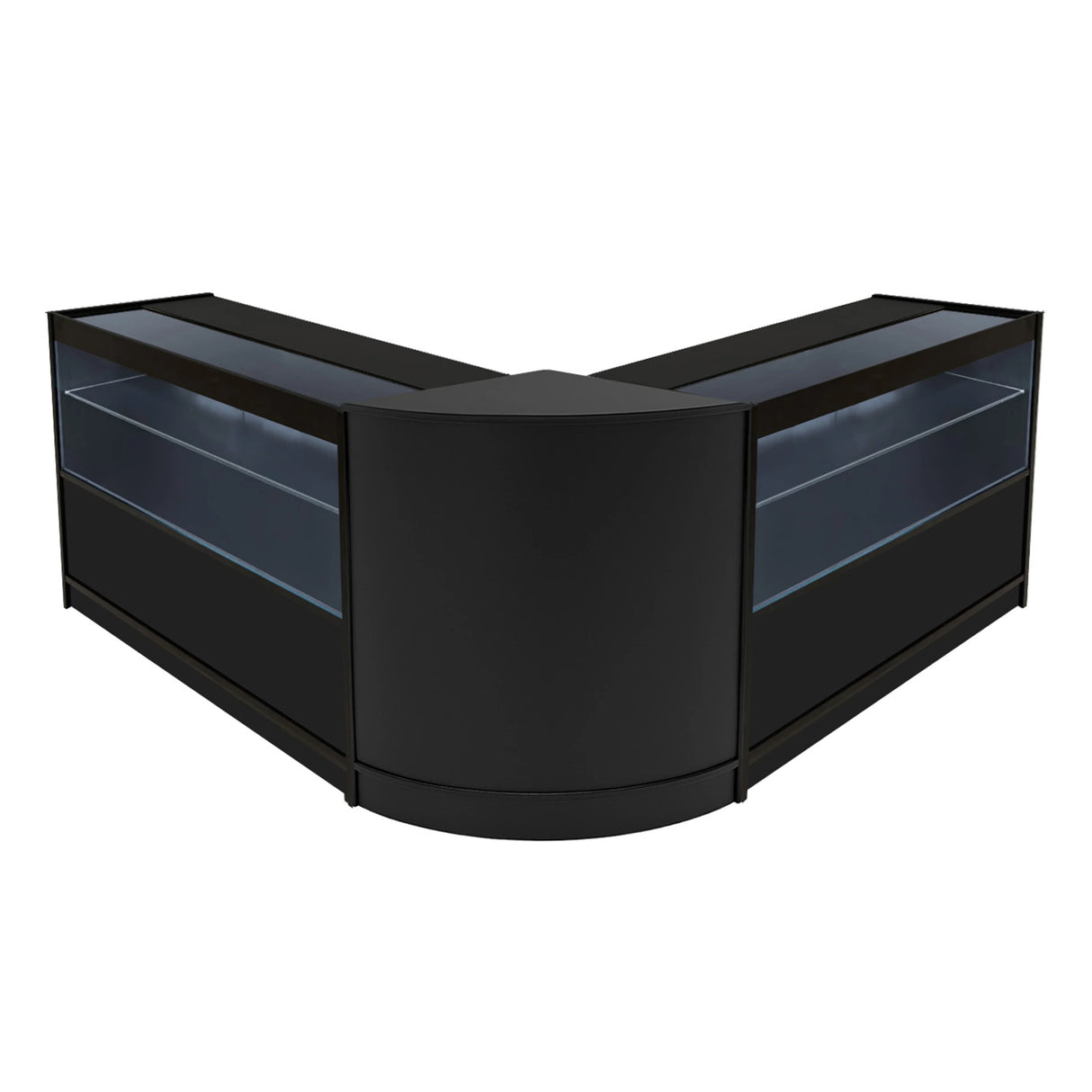 Black Selene LED shop counter set featuring a sleek, modern design with glass display shelves, perfect for retail environments