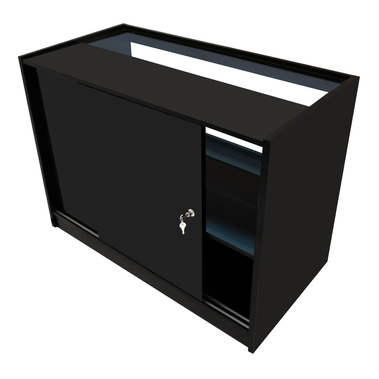 Black Selene LED shop counter set with sliding door, shelves, and sleek design, ideal for retail display and organization