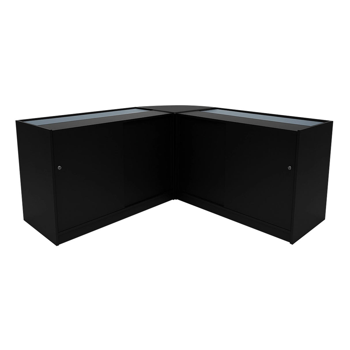 Black Selene LED shop counter set featuring two glass display cabinets with sleek lines and modern design, ideal for retail spaces
